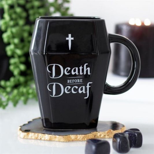 Death Before Decaf Coffin Shaped Mug, Ceramic Black Coffin Shaped Mug, Caffeine Addict Mug, Coffee Drinker Gift Mug, Coffee Cup, Fun Coffee Gift
